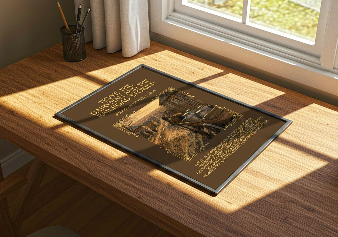 Tevye The Dairyman And The Railroad Stories Minimalist Book Poster by Sholem Aleichem – print on a sunlit desk