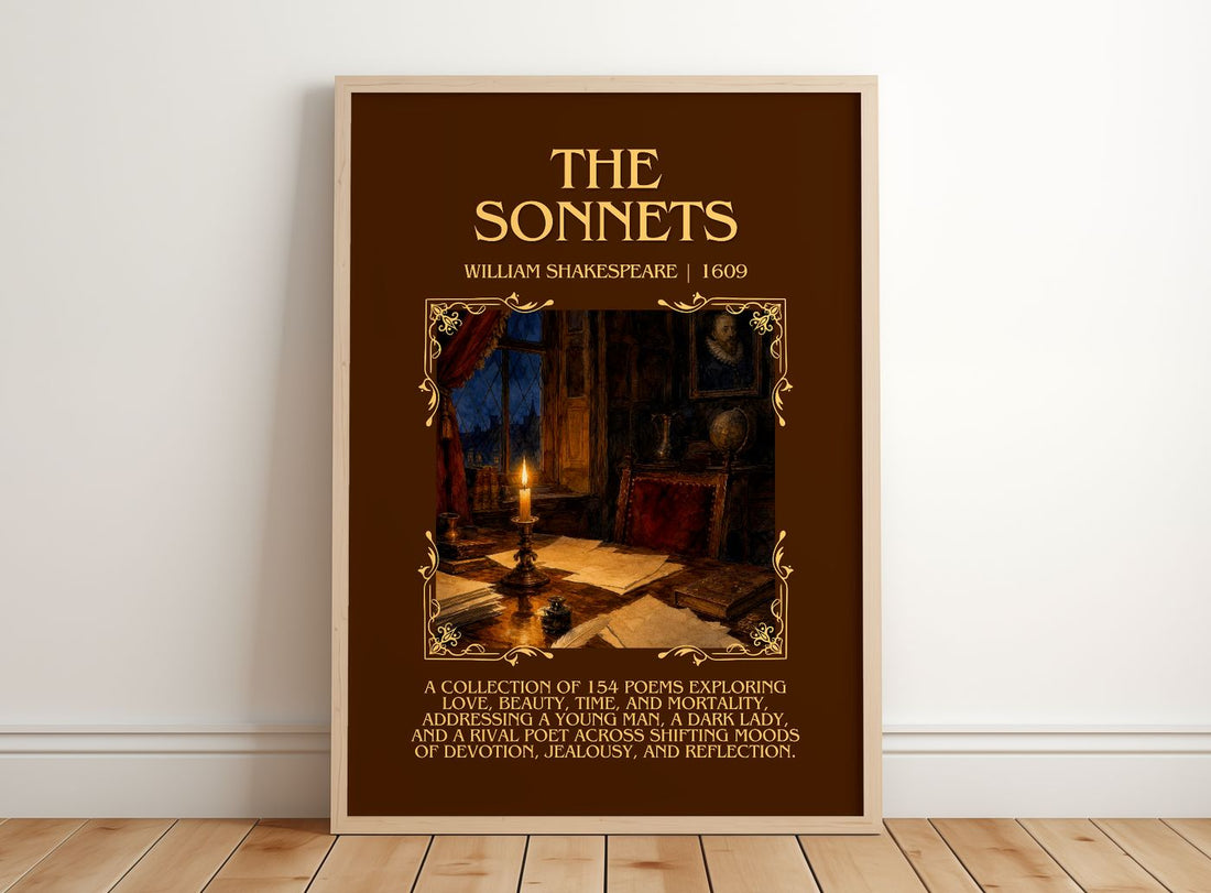 The Sonnets Minimalist Book Poster by William Shakespeare – framed print leaning on a wooden floor