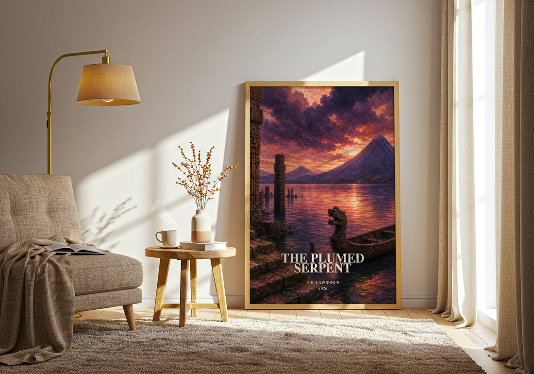 The Plumed Serpent watercolour print in frame leaning in hallway – literary fiction wall art (mockup)