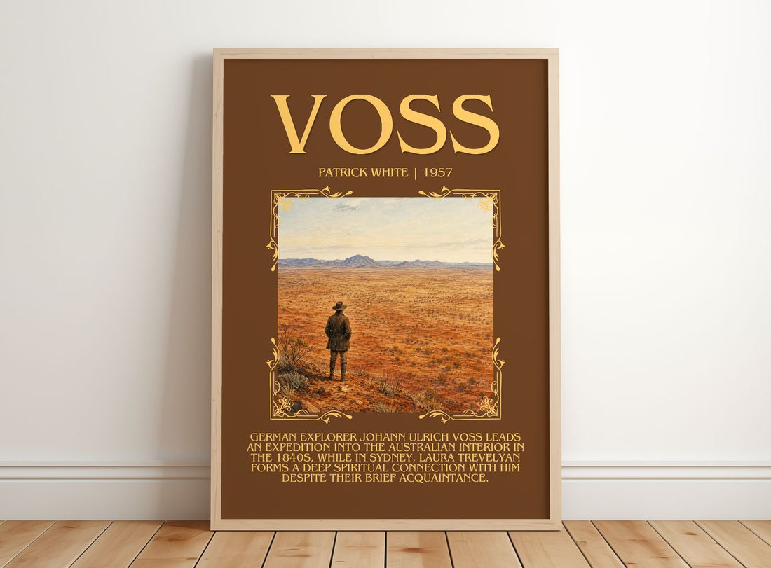 Voss Minimalist Book Poster by Patrick White – framed print leaning on a wooden floor
