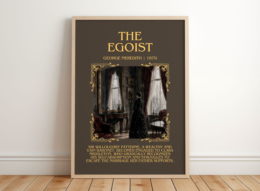 The Egoist Minimalist Book Poster by George Meredith – framed print leaning on a wooden floor
