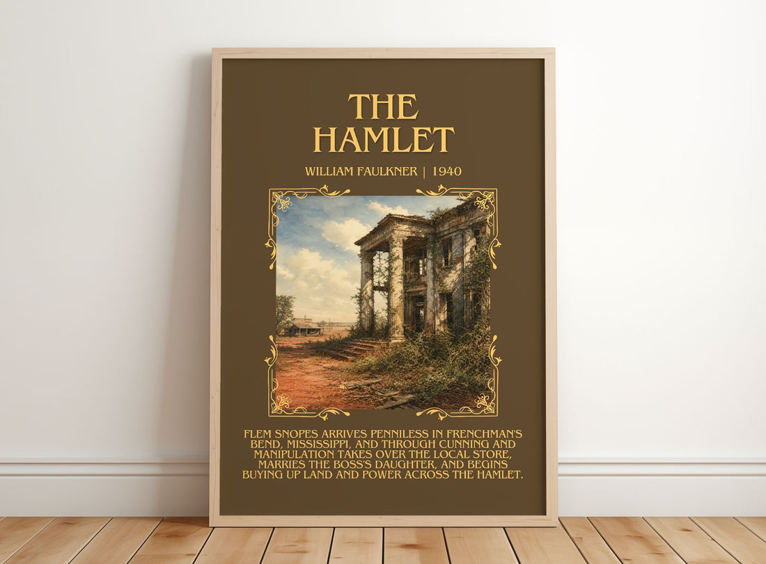 The Hamlet Minimalist Book Poster by William Faulkner – framed print leaning on a wooden floor