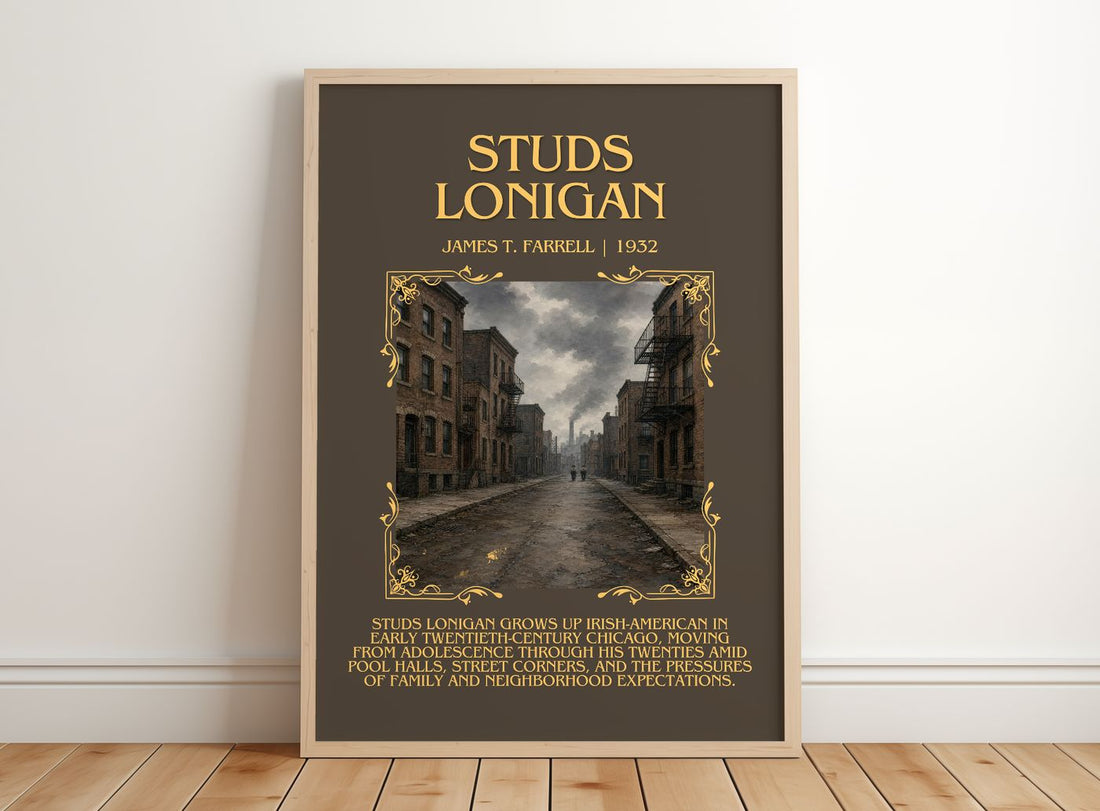 Studs Lonigan Minimalist Book Poster by James T. Farrell – framed print leaning on a wooden floor