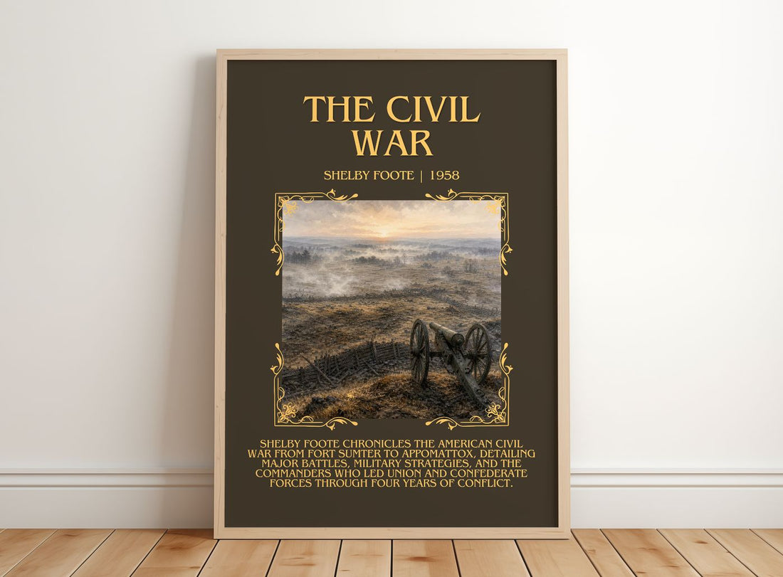 The Civil War Minimalist Book Poster by Shelby Foote – framed print leaning on a wooden floor