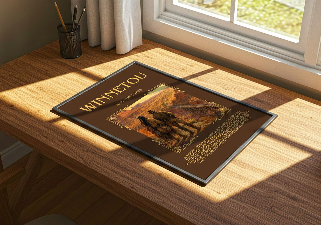 Winnetou Minimalist Book Poster by Karl May – print on a sunlit desk