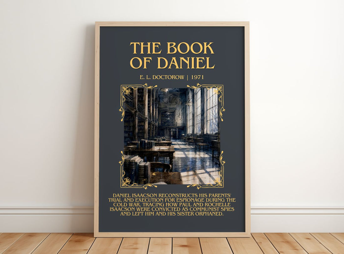 The Book of Daniel Minimalist Book Poster by E. L. Doctorow – framed print leaning on a wooden floor