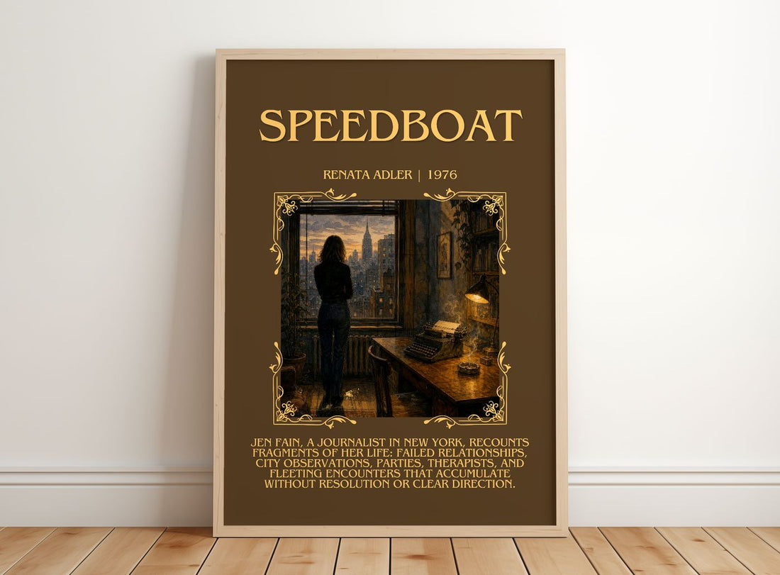 Speedboat Minimalist Book Poster by Renata Adler – framed print leaning on a wooden floor