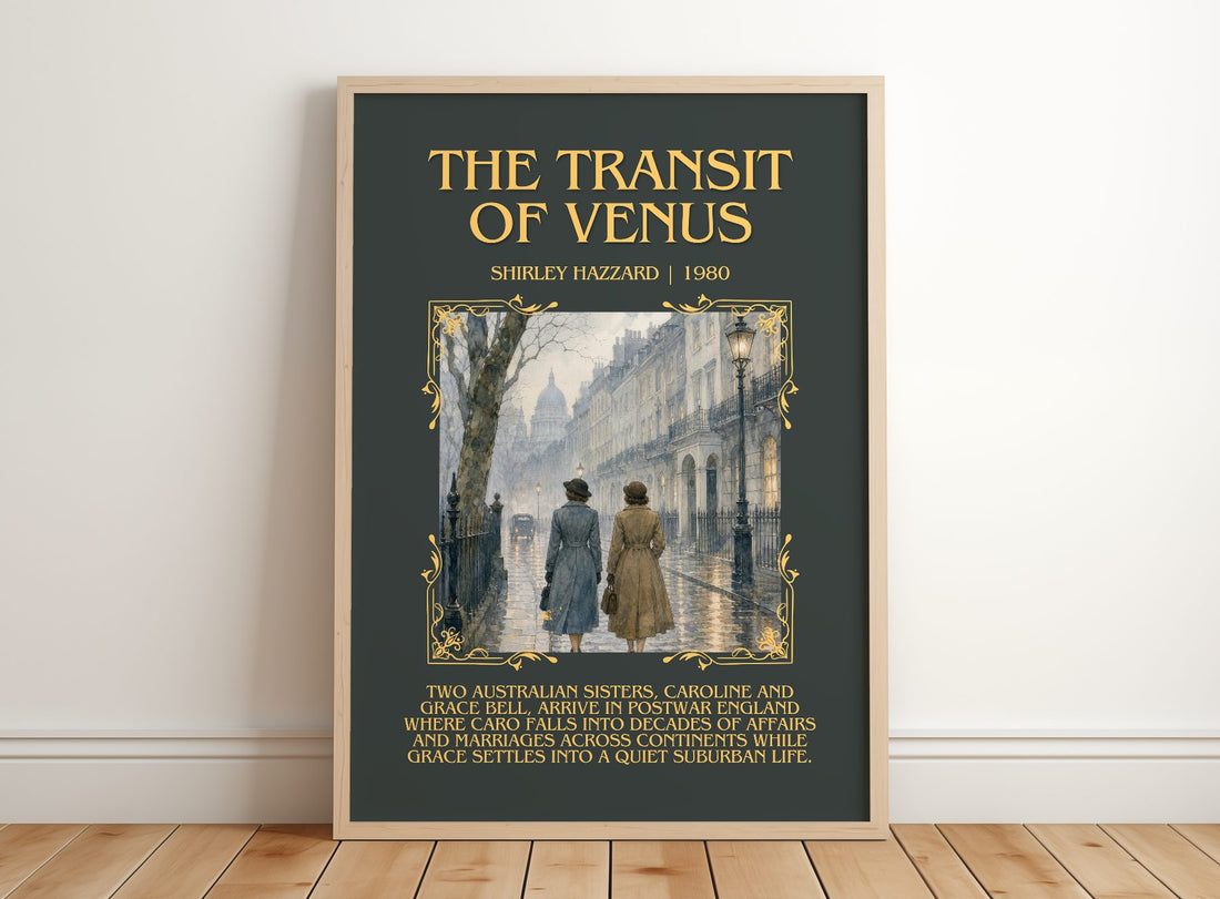 The Transit of Venus Minimalist Book Poster by Shirley Hazzard – framed print leaning on a wooden floor
