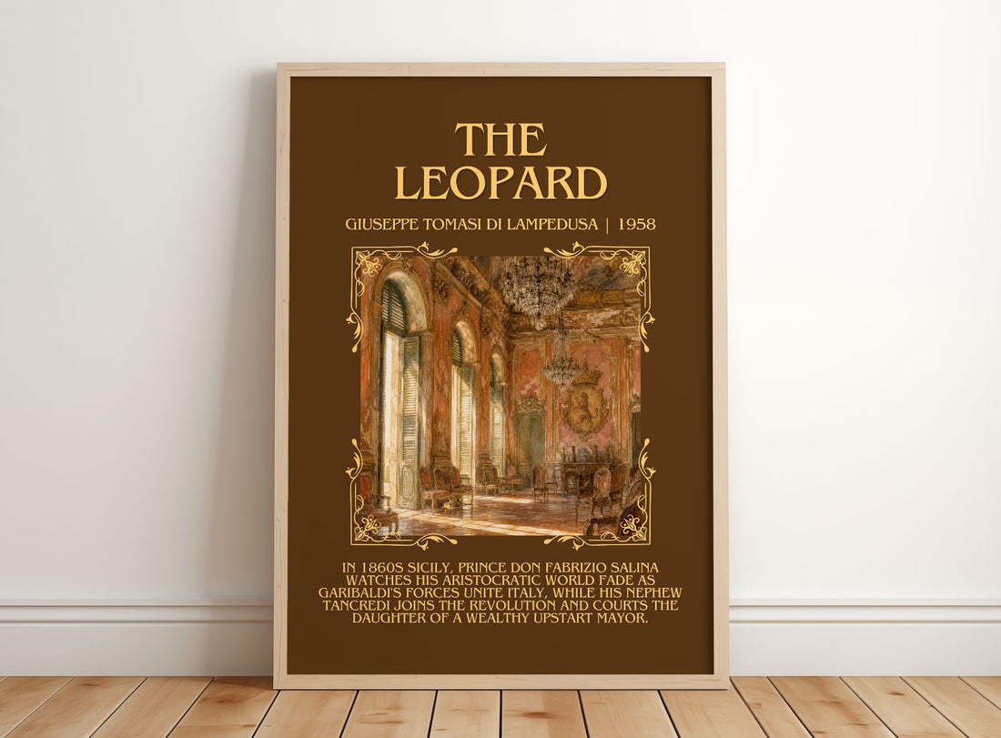 The Leopard Minimalist Book Poster by Giuseppe Tomasi di Lampedusa – framed print leaning on a wooden floor