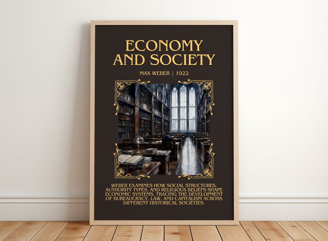 Economy and Society Minimalist Book Poster by Max Weber – framed print leaning on a wooden floor