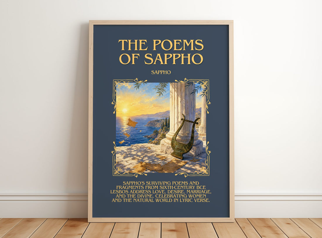 The Poems of Sappho Minimalist Book Poster by Sappho – framed print leaning on a wooden floor