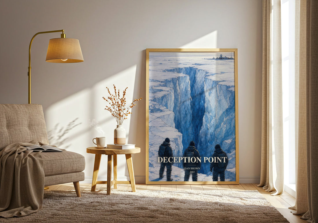 Deception Point watercolour print in frame leaning in hallway – thriller wall art (mockup)