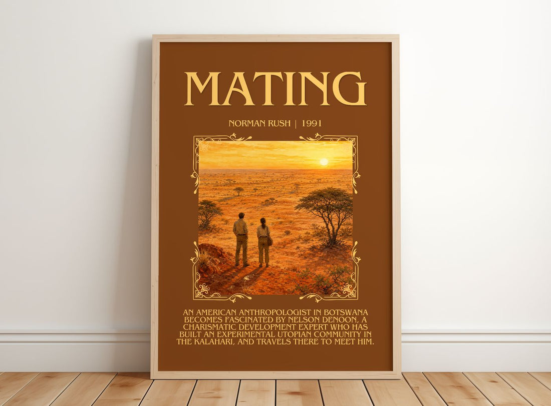 Mating Minimalist Book Poster by Norman Rush – framed print leaning on a wooden floor