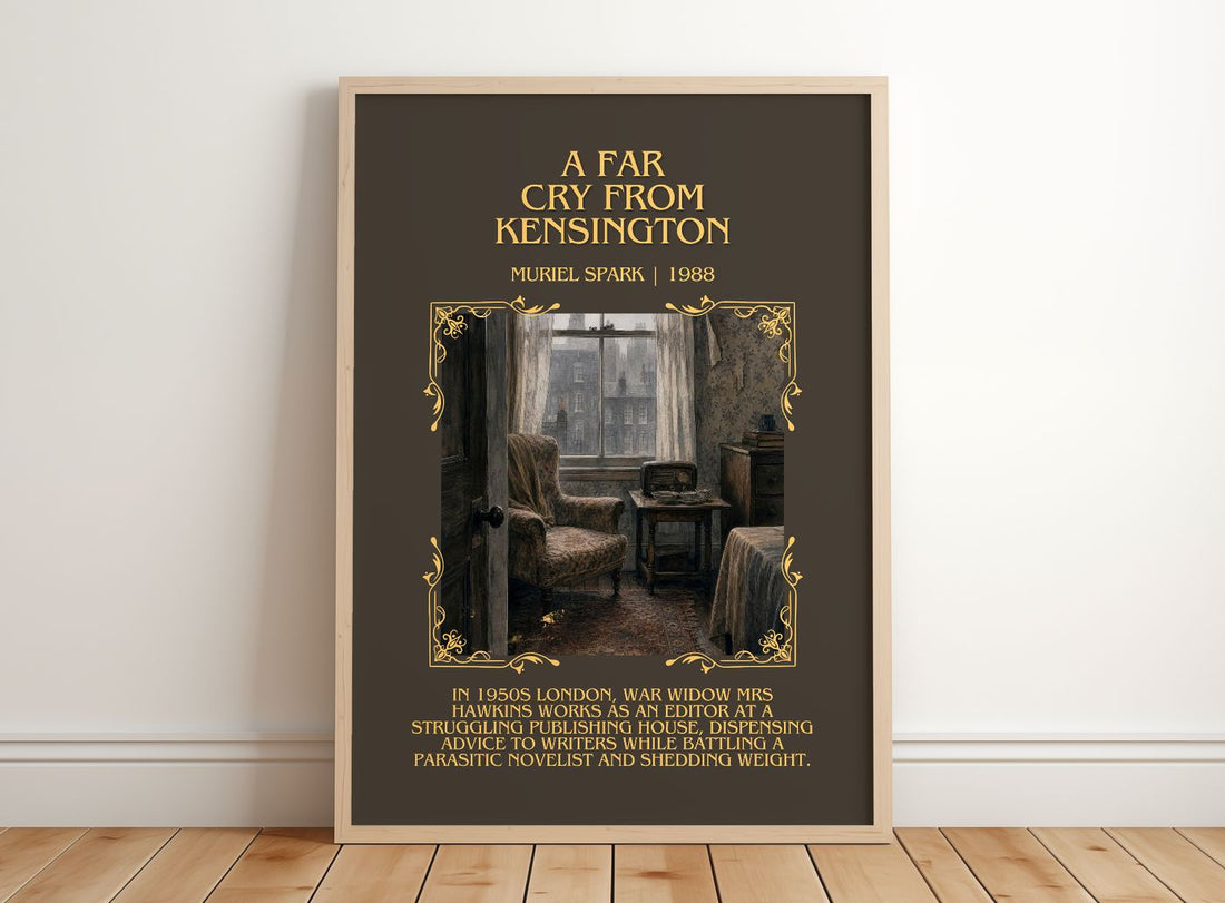 A Far Cry From Kensington Minimalist Book Poster by Muriel Spark – framed print leaning on a wooden floor