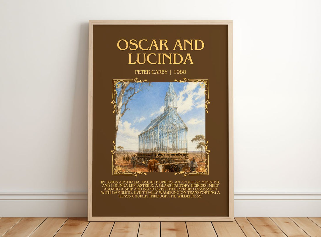 Oscar and Lucinda Minimalist Book Poster by Peter Carey – framed print leaning on a wooden floor