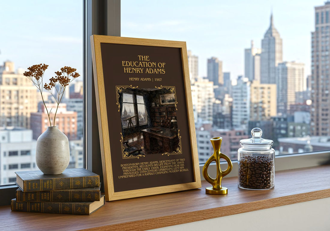 The Education of Henry Adams Minimalist Book Poster by Henry Adams – framed print on a city-view windowsill