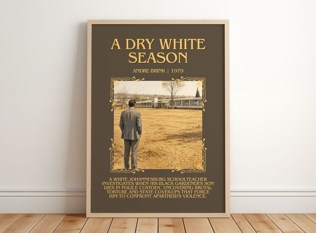 A Dry White Season Minimalist Book Poster by Andre Brink – framed print leaning on a wooden floor