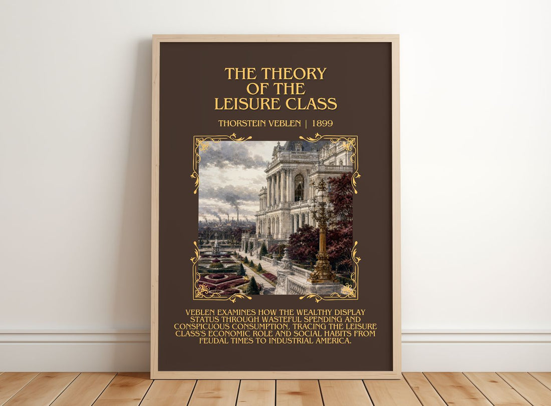 Theory of the Leisure Class Minimalist Book Poster by Thorstein Veblen – framed print leaning on a wooden floor