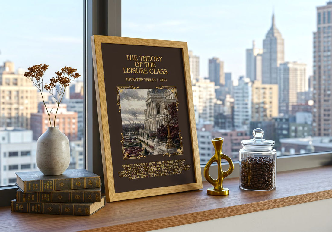 Theory of the Leisure Class Minimalist Book Poster by Thorstein Veblen – framed print on a city-view windowsill