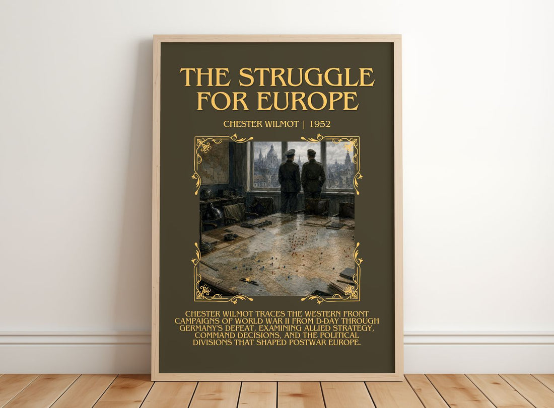 The Struggle for Europe Minimalist Book Poster by Chester Wilmot – framed print leaning on a wooden floor