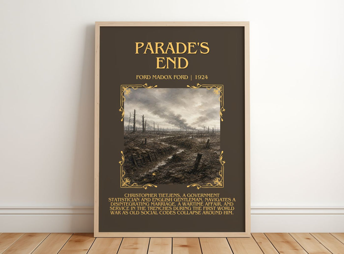 Parade's End Minimalist Book Poster by Ford Madox Ford – framed print leaning on a wooden floor
