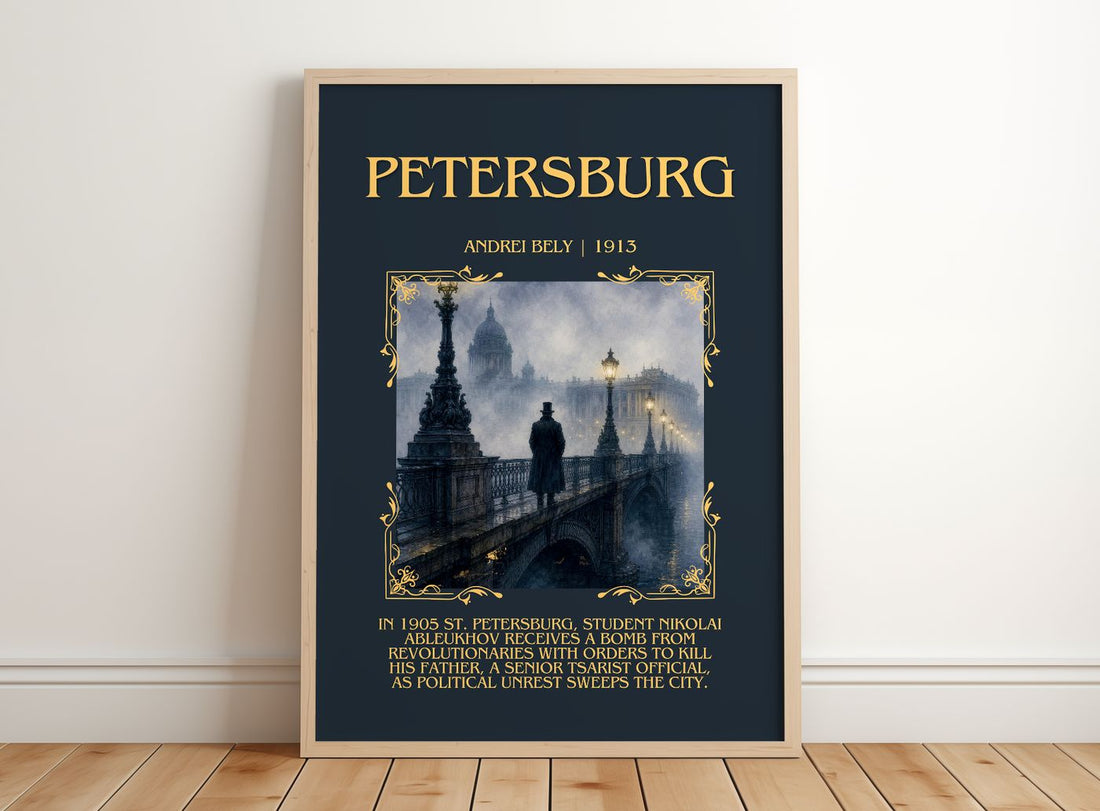 Petersburg Minimalist Book Poster by Andrei Bely – framed print leaning on a wooden floor