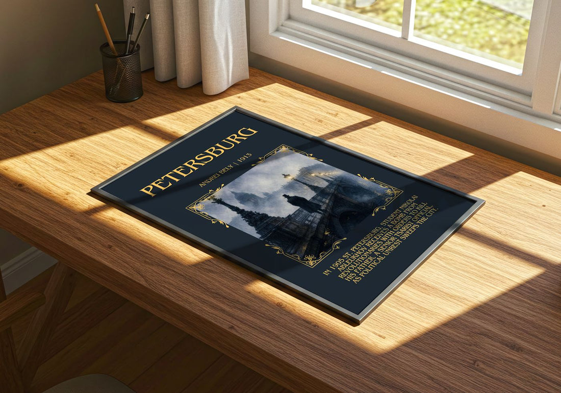 Petersburg Minimalist Book Poster by Andrei Bely – print on a sunlit desk