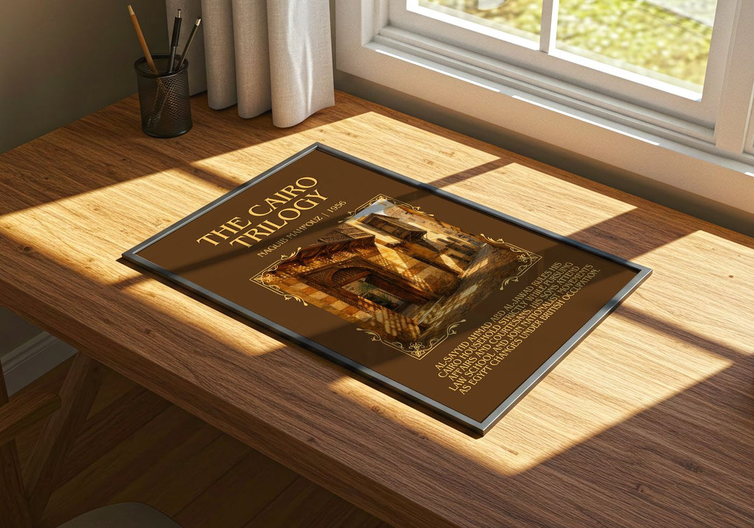 The Cairo Trilogy Minimalist Book Poster by Naguib Mahfouz – print on a sunlit desk