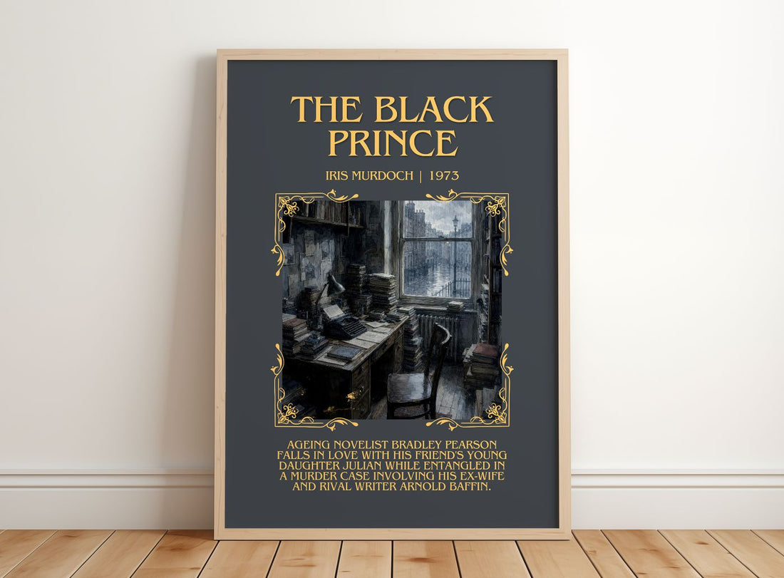 The Black Prince Minimalist Book Poster by Iris Murdoch – framed print leaning on a wooden floor