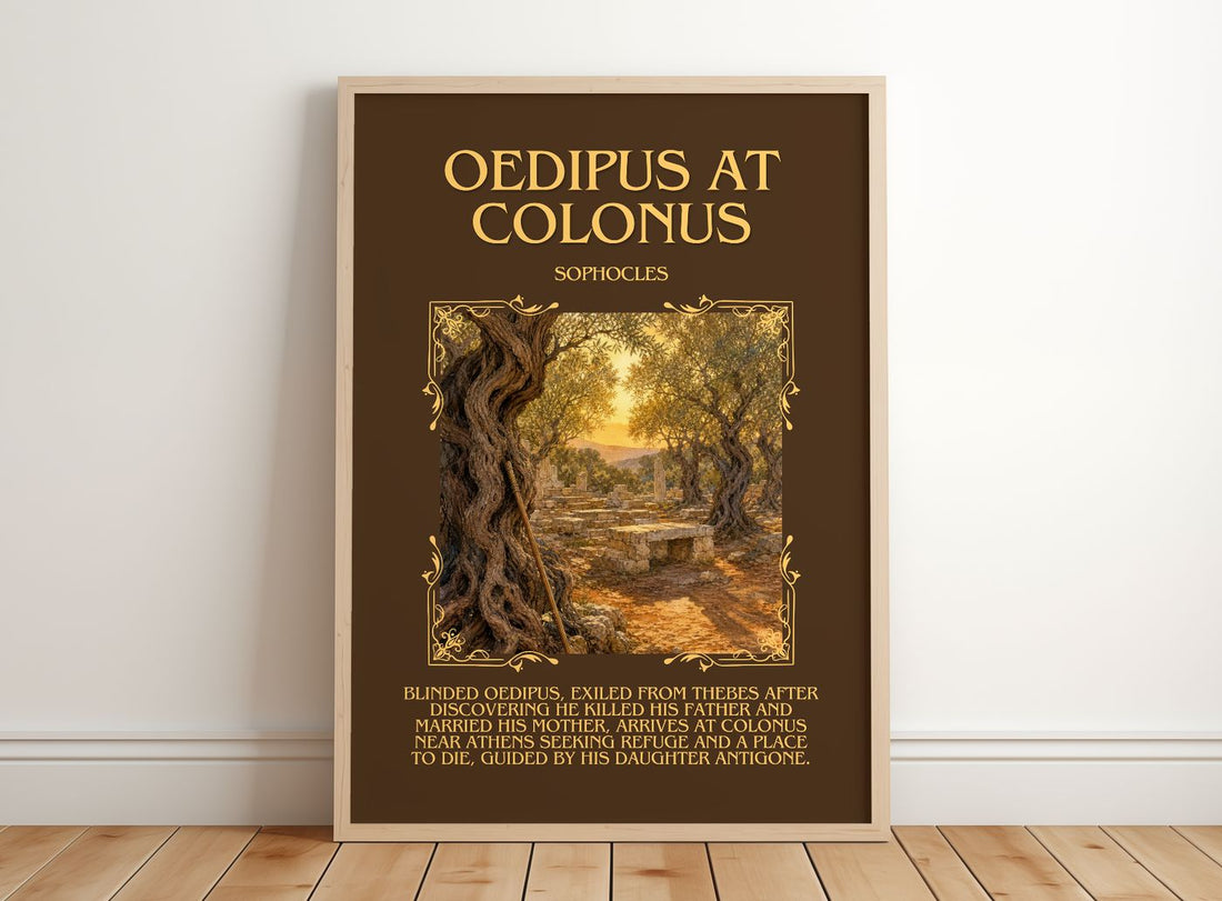Oedipus at Colonus Minimalist Book Poster by Sophocles – framed print leaning on a wooden floor