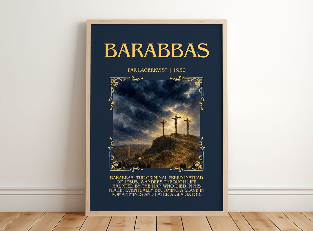 Barabbas Minimalist Book Poster by Par Lagerkvist – framed print leaning on a wooden floor