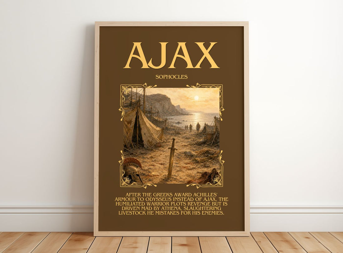 Ajax Minimalist Book Poster by Sophocles – framed print leaning on a wooden floor