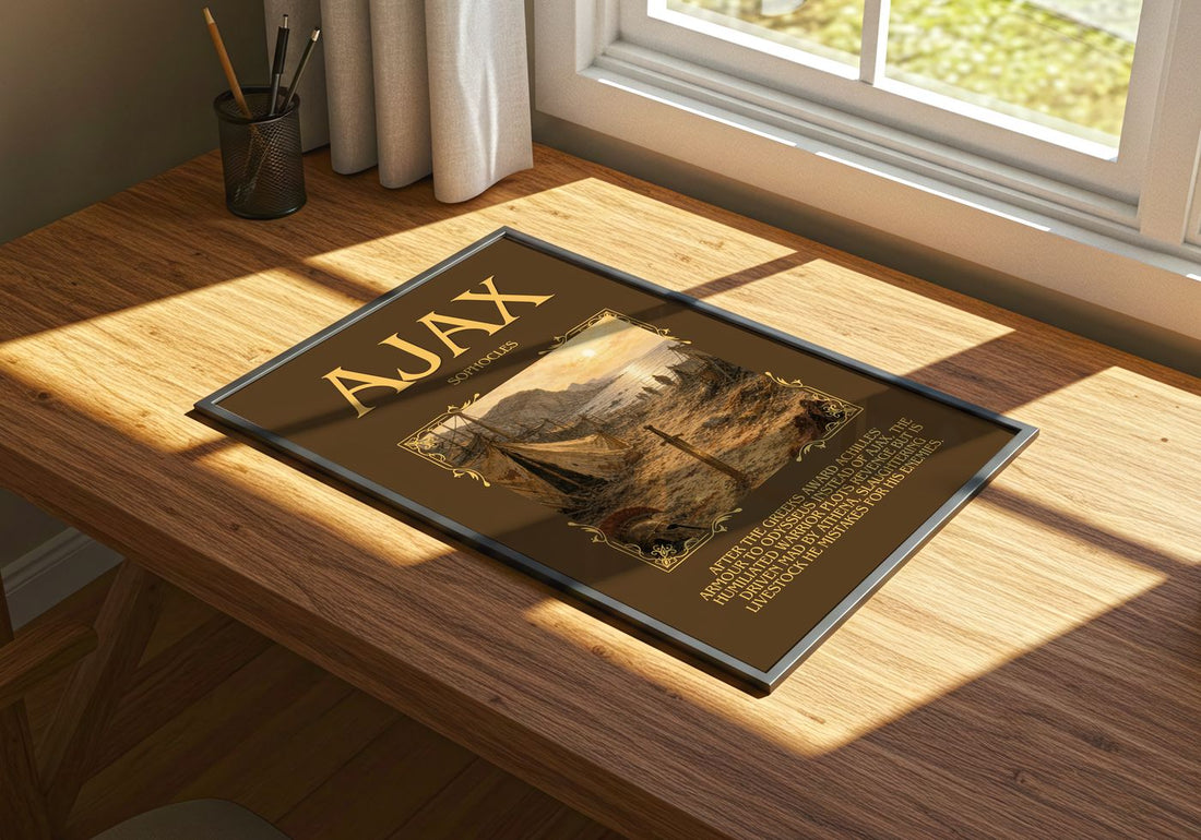 Ajax Minimalist Book Poster by Sophocles – print on a sunlit desk
