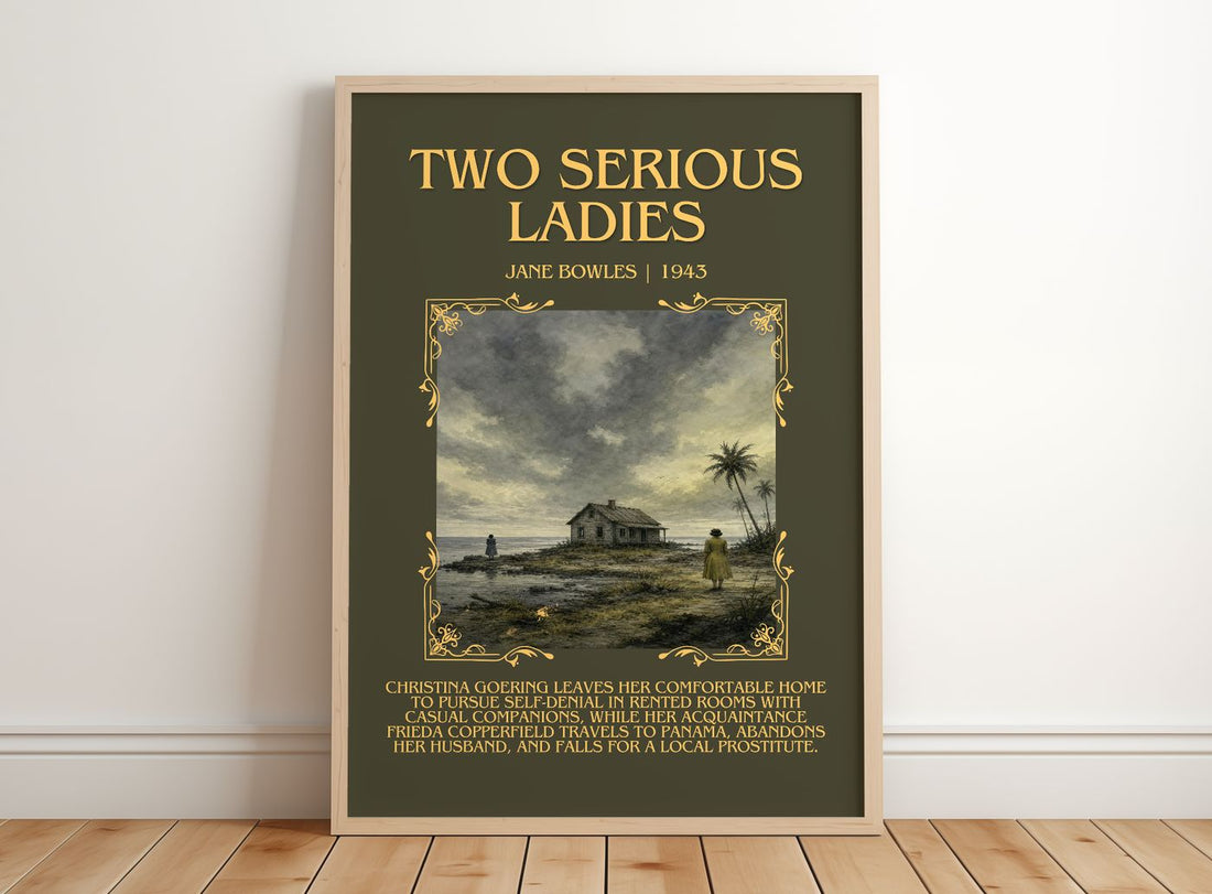 Two Serious Ladies Minimalist Book Poster by Jane Bowles – framed print leaning on a wooden floor