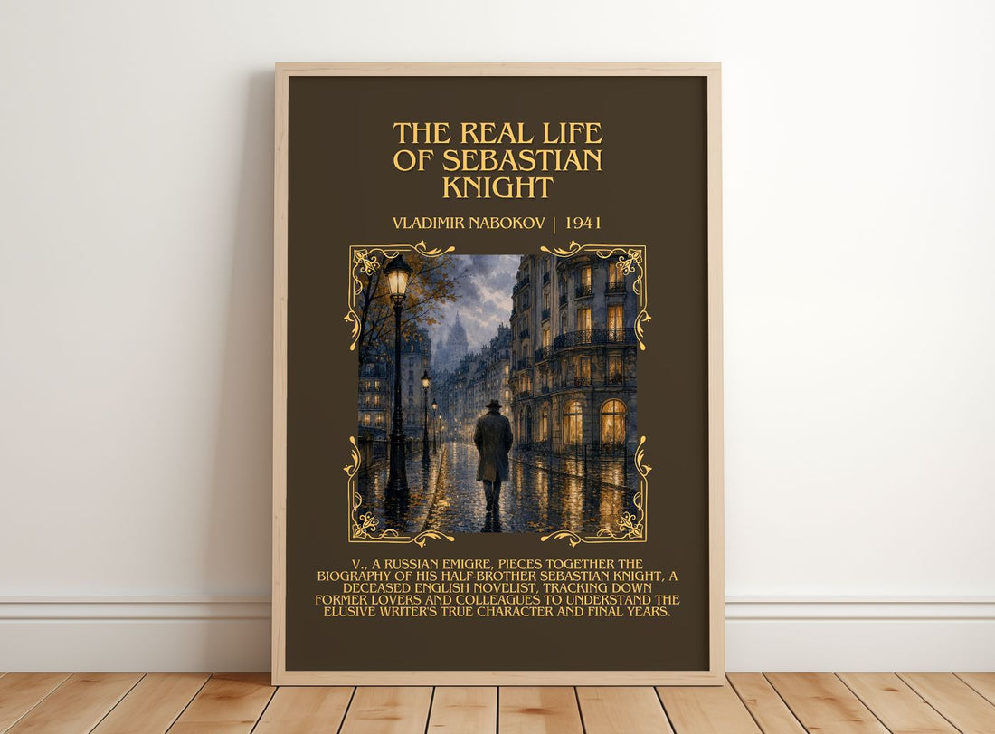 Real Life of Sebastian Knight Minimalist Book Poster by V. Nabokov – framed print leaning on a wooden floor