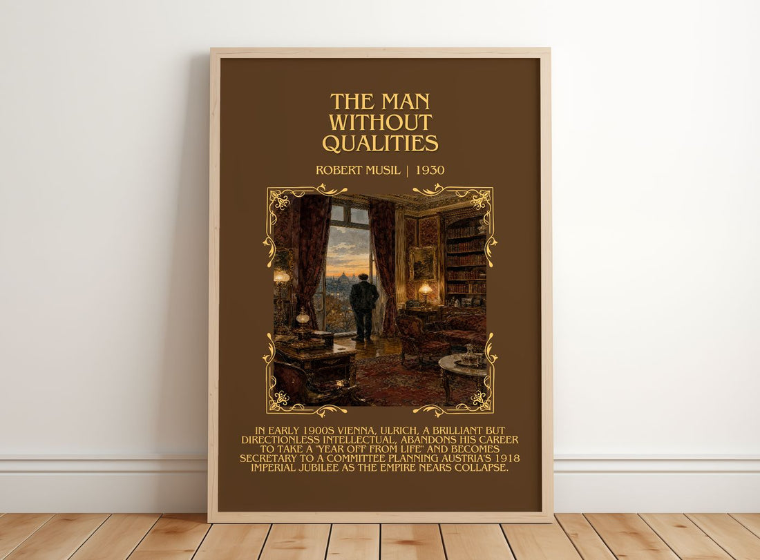The Man Without Qualities Minimalist Book Poster by Robert Musil – framed print leaning on a wooden floor