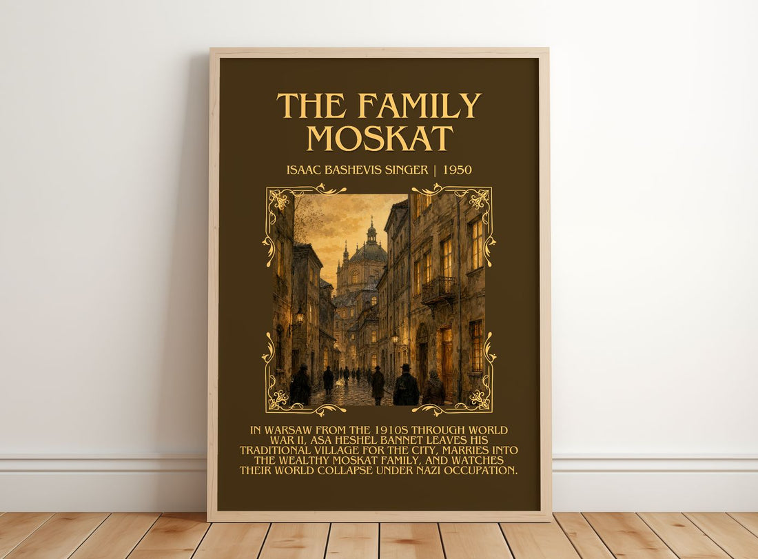 The Family Moskat Minimalist Book Poster by Isaac Bashevis Singer – framed print leaning on a wooden floor