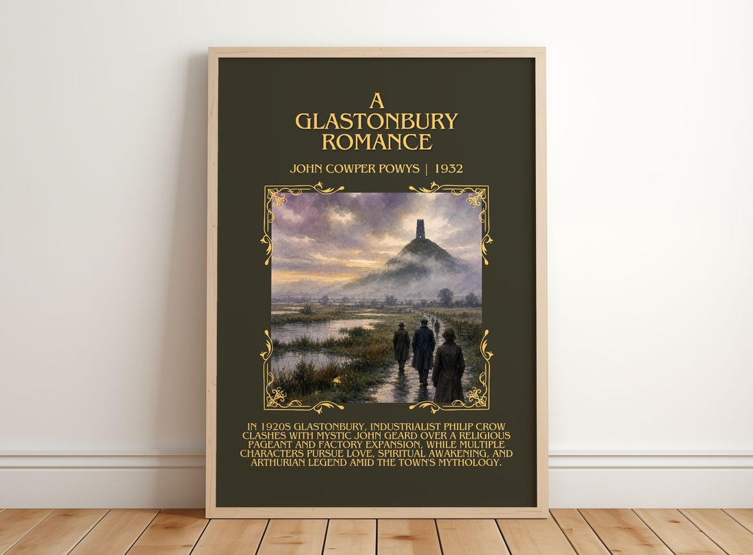 A Glastonbury Romance Minimalist Book Poster by John Cowper Powys – framed print leaning on a wooden floor