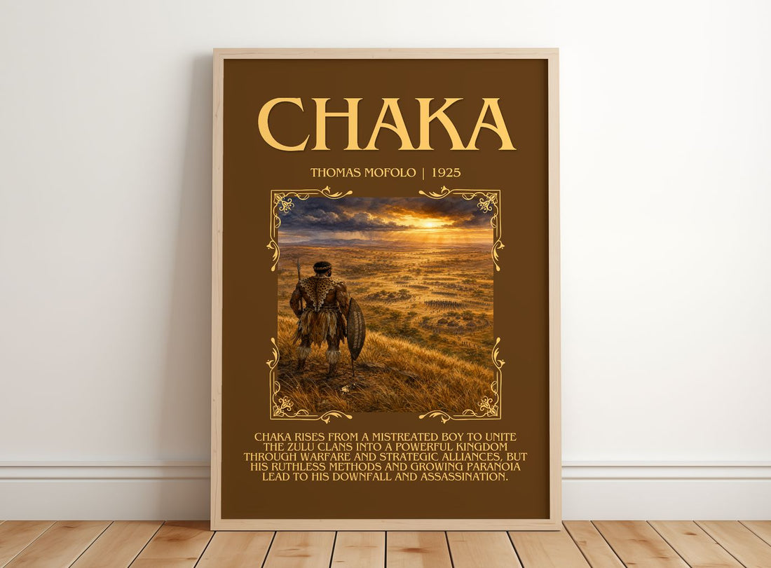 Chaka Minimalist Book Poster by Thomas Mofolo – framed print leaning on a wooden floor