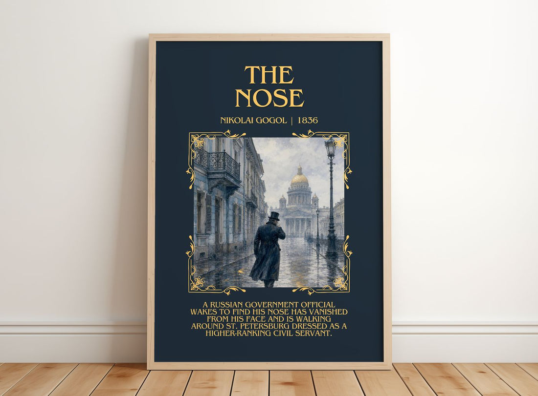The Nose Minimalist Book Poster by Nikolai Gogol – framed print leaning on a wooden floor