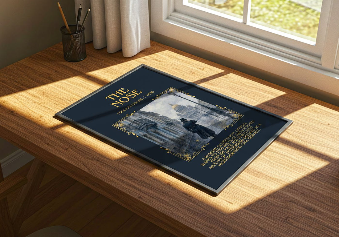 The Nose Minimalist Book Poster by Nikolai Gogol – print on a sunlit desk