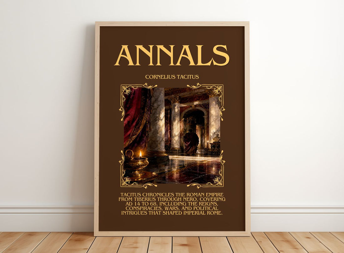 Annals Minimalist Book Poster by Cornelius Tacitus – framed print leaning on a wooden floor