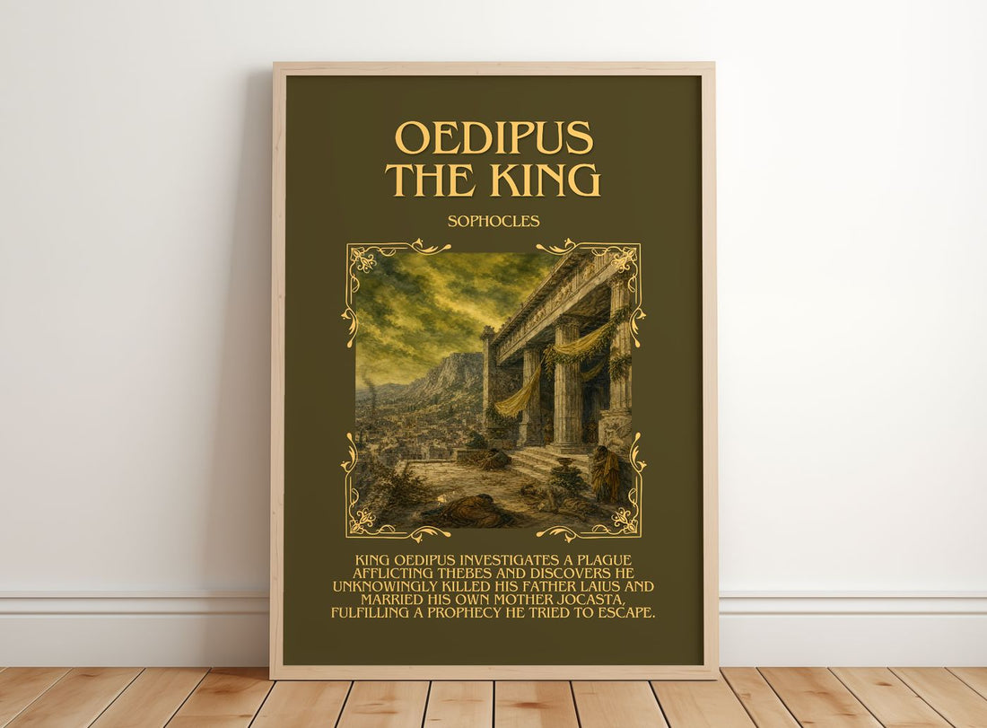 Oedipus the King Minimalist Book Poster by Sophocles – framed print leaning on a wooden floor