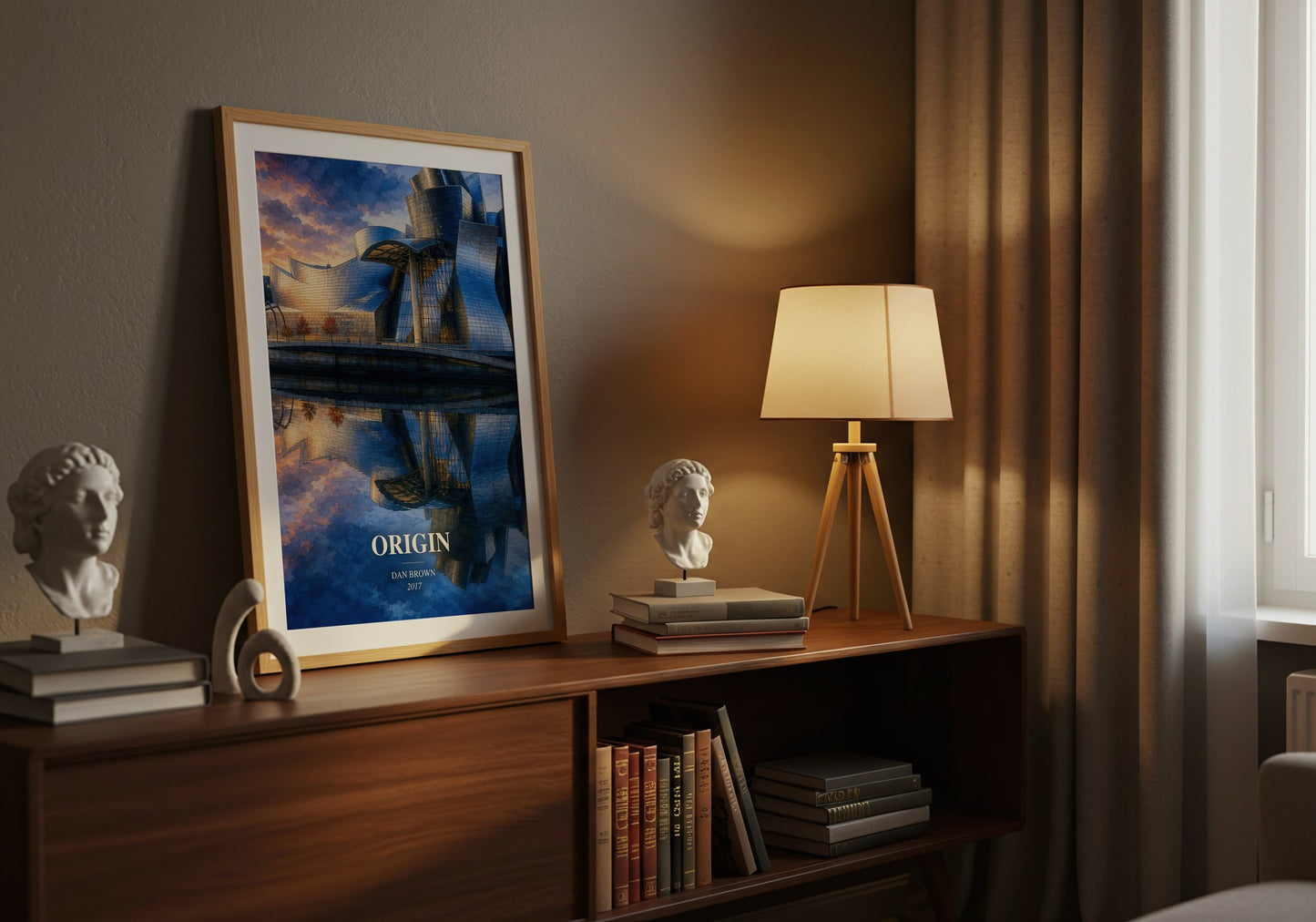 Origin watercolour print on bookshelf – Dan Brown fan gift