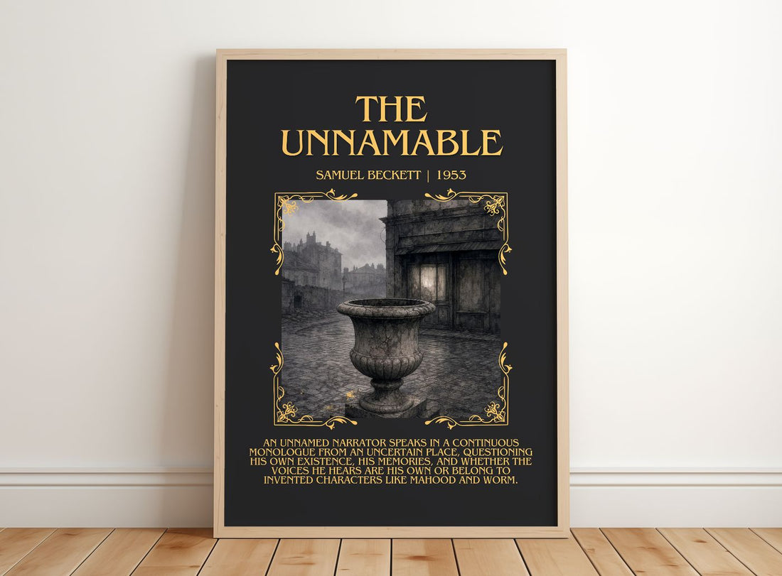The Unnamable Minimalist Book Poster by Samuel Beckett – framed print leaning on a wooden floor