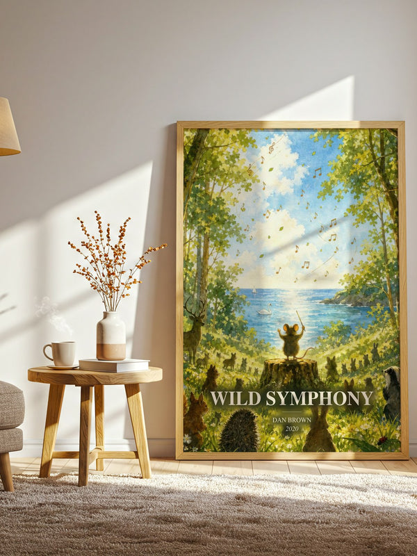 Wild Symphony watercolour print in frame leaning in hallway – childrens wall art