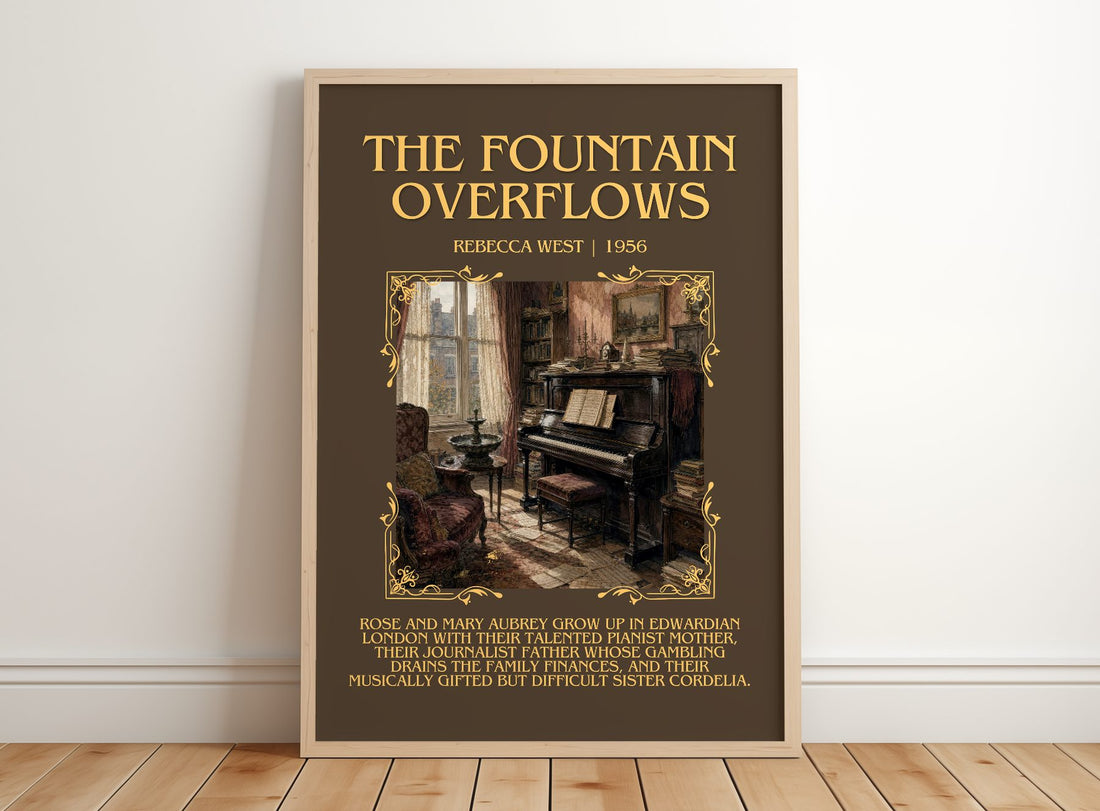 The Fountain Overflows Minimalist Book Poster by Rebecca West – framed print leaning on a wooden floor