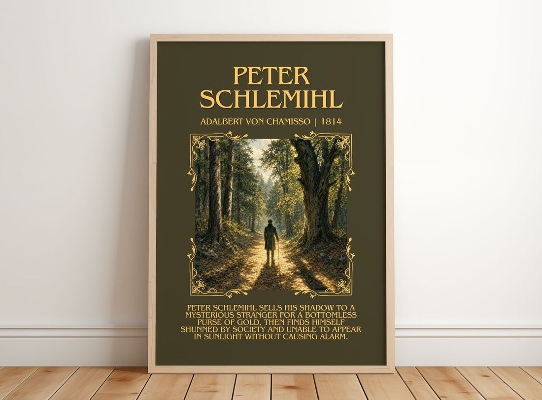 Peter Schlemihl Minimalist Book Poster by Adalbert von Chamisso – framed print leaning on a wooden floor