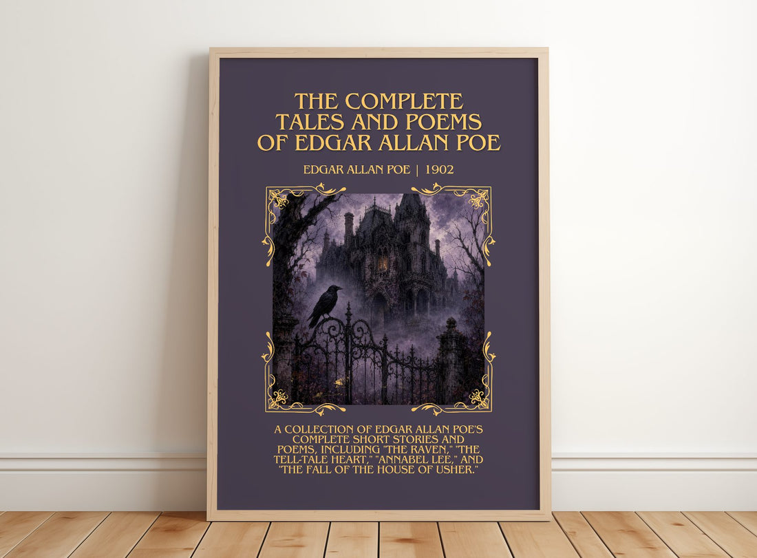 The Complete Tales and Poems of Edgar Allan Poe Minimalist Book Poster by Edgar Allan Poe – framed print leaning on a wooden floor