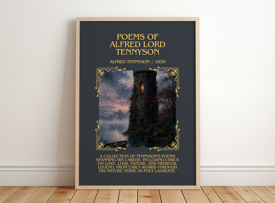 Poems of Alfred Lord Tennyson Minimalist Book Poster by A. Tennyson – framed print leaning on a wooden floor